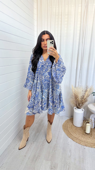 Paisley Frill Hem Shirt Dress - BLUE