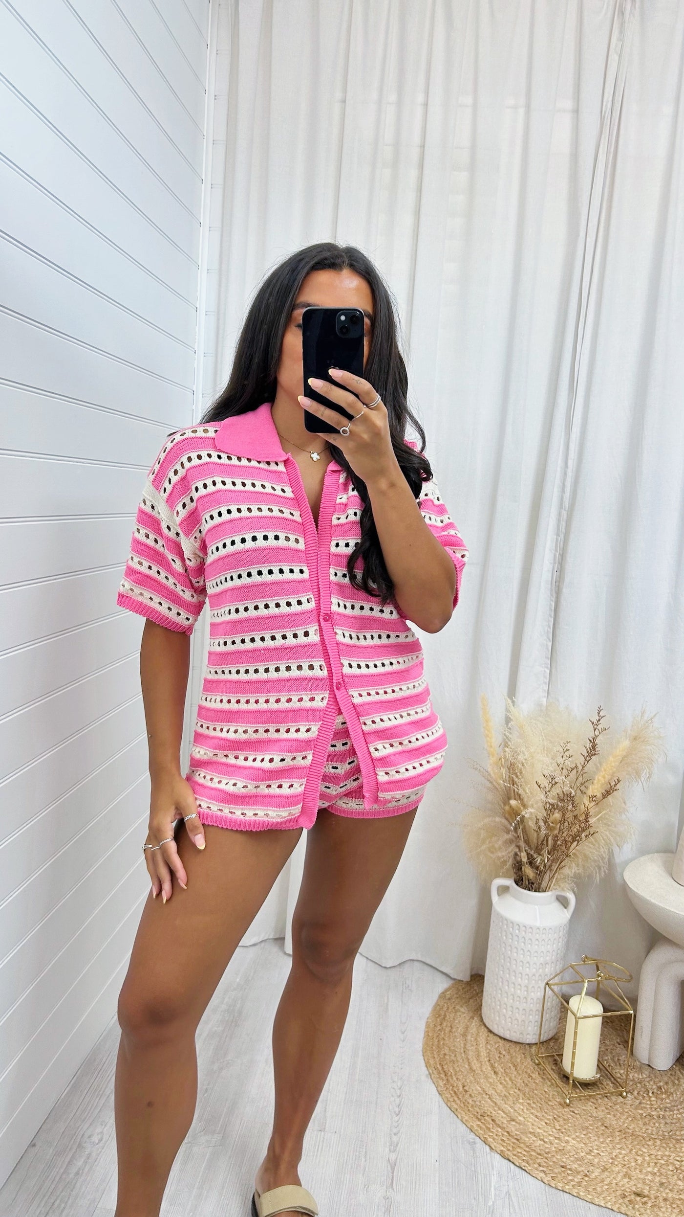 Stripey Knitted Cardigan and Mini Shorts Co-Ord - PINK