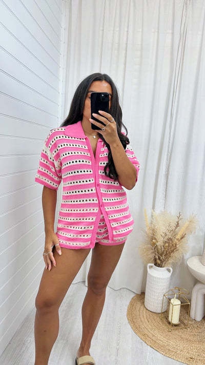 Stripey Knitted Cardigan and Mini Shorts Co-Ord - PINK