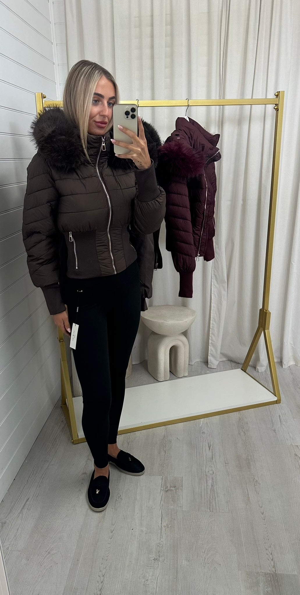 Fur Hooded Cinched Puffer Jacket - BROWN