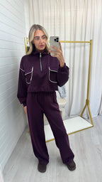 Contrast Piped Quarter Zip Sweatshirt and Joggers Co-Ord - BERRY