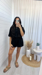 Laser Cut Mesh Balloon Top and Shorts Co-Ord - BLACK