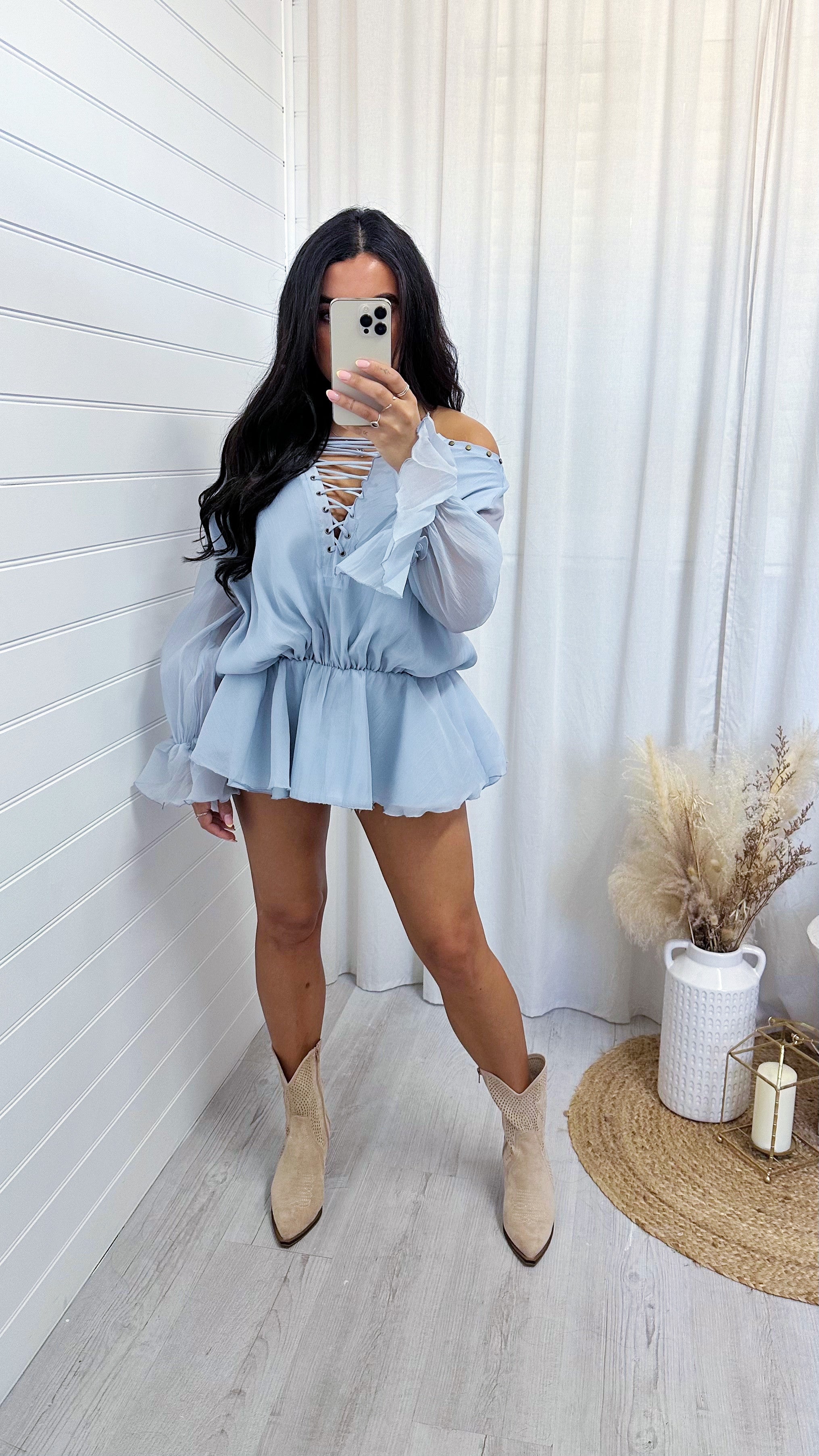 Chiffon Lace Up Peplum Top - POWDER BLUE