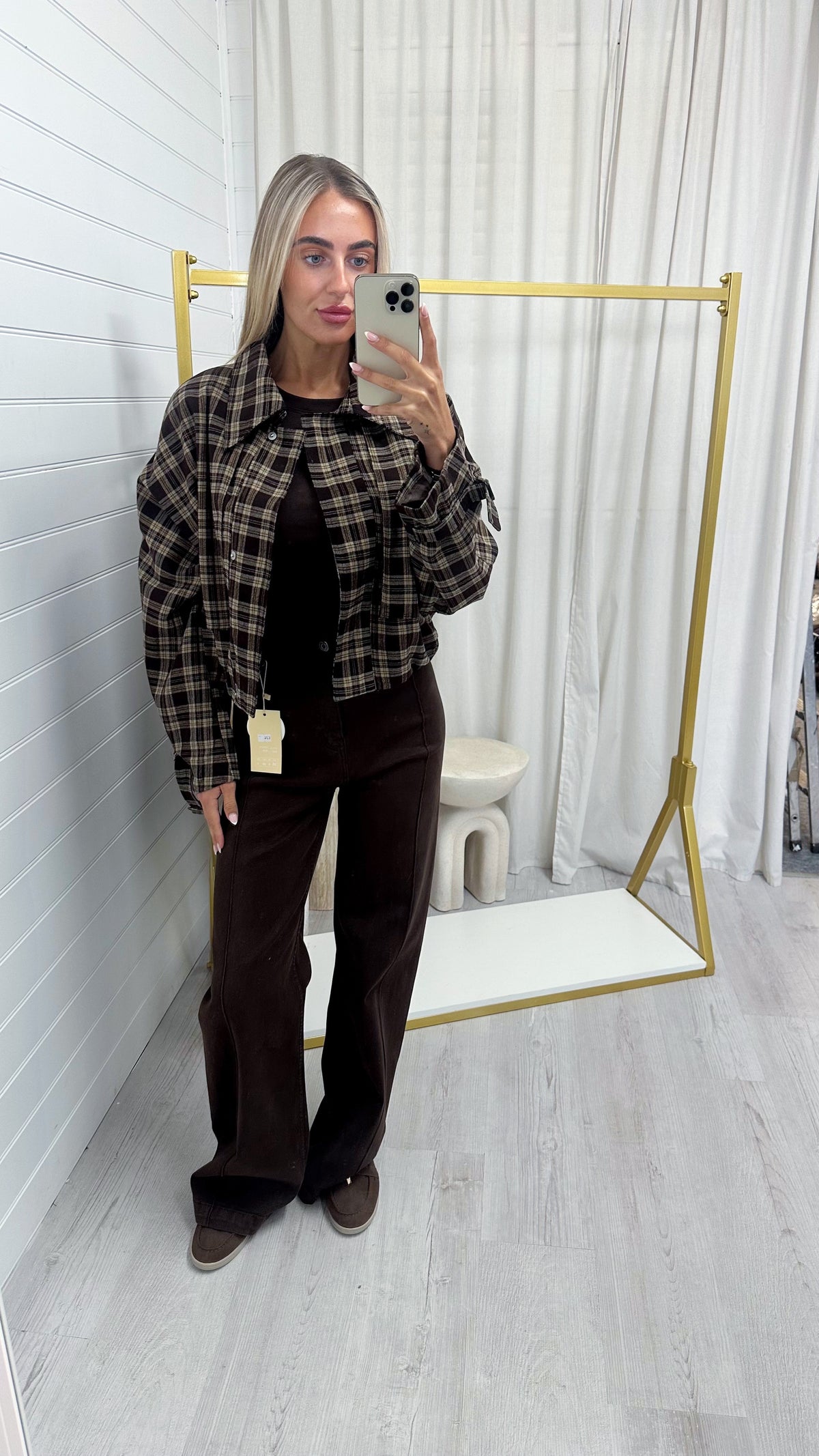 Checked Cropped Jacket - BROWN