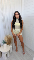 3 Piece Sequin Mesh Bodysuit, Bralette and Shorts Co-Ord - LEMON