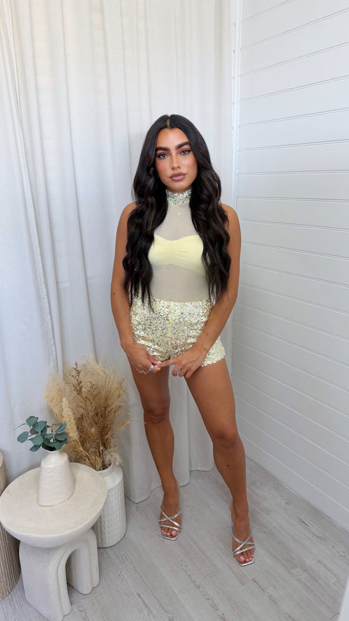 3 Piece Sequin Mesh Bodysuit, Bralette and Shorts Co-Ord - LEMON