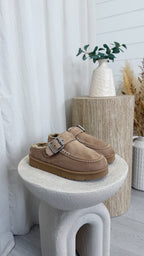 Buckle Strap Faux Fur Loafers - BEIGE