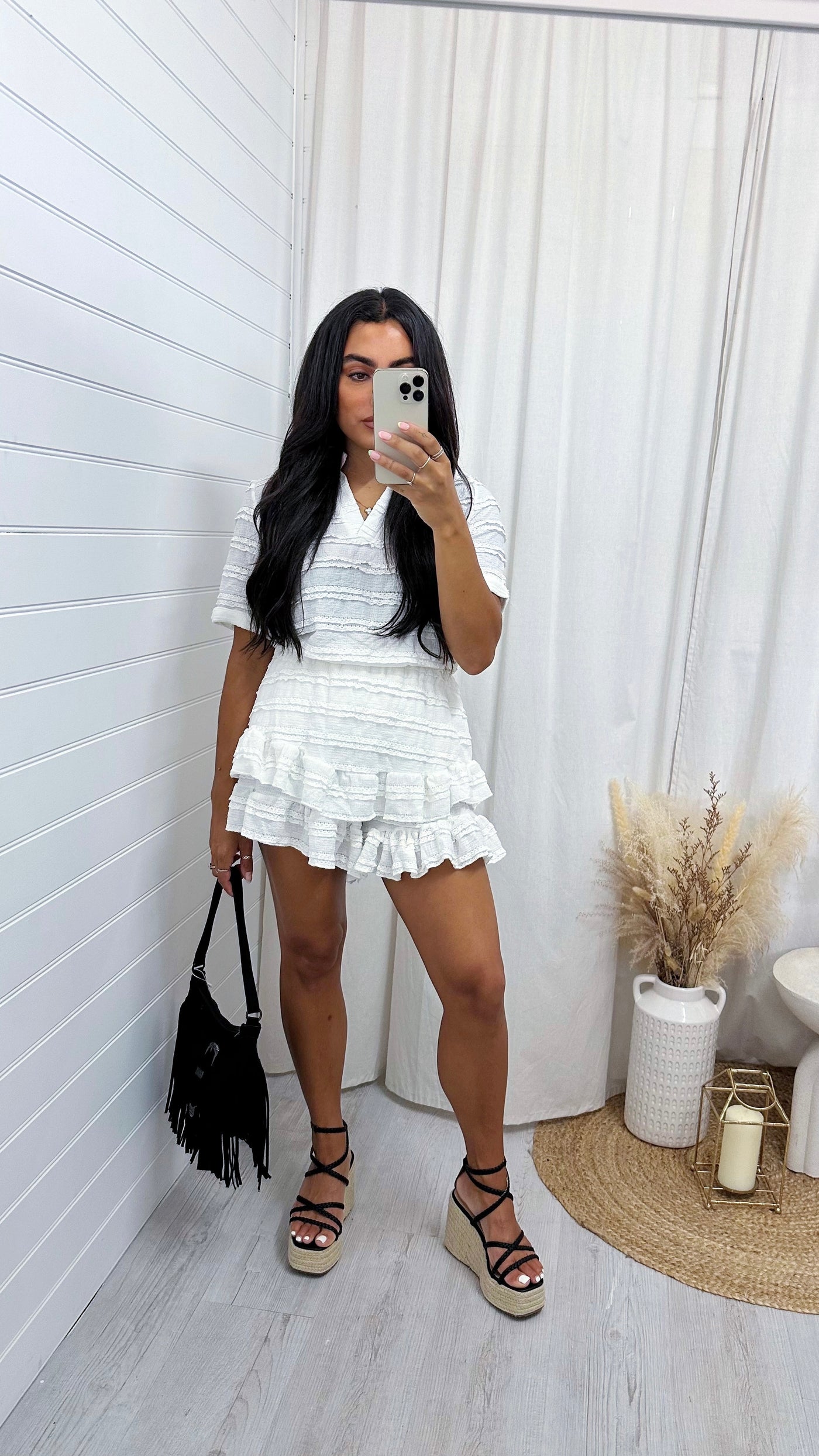 Frill Layered V Neck Top and Skort Co-Ord - WHITE