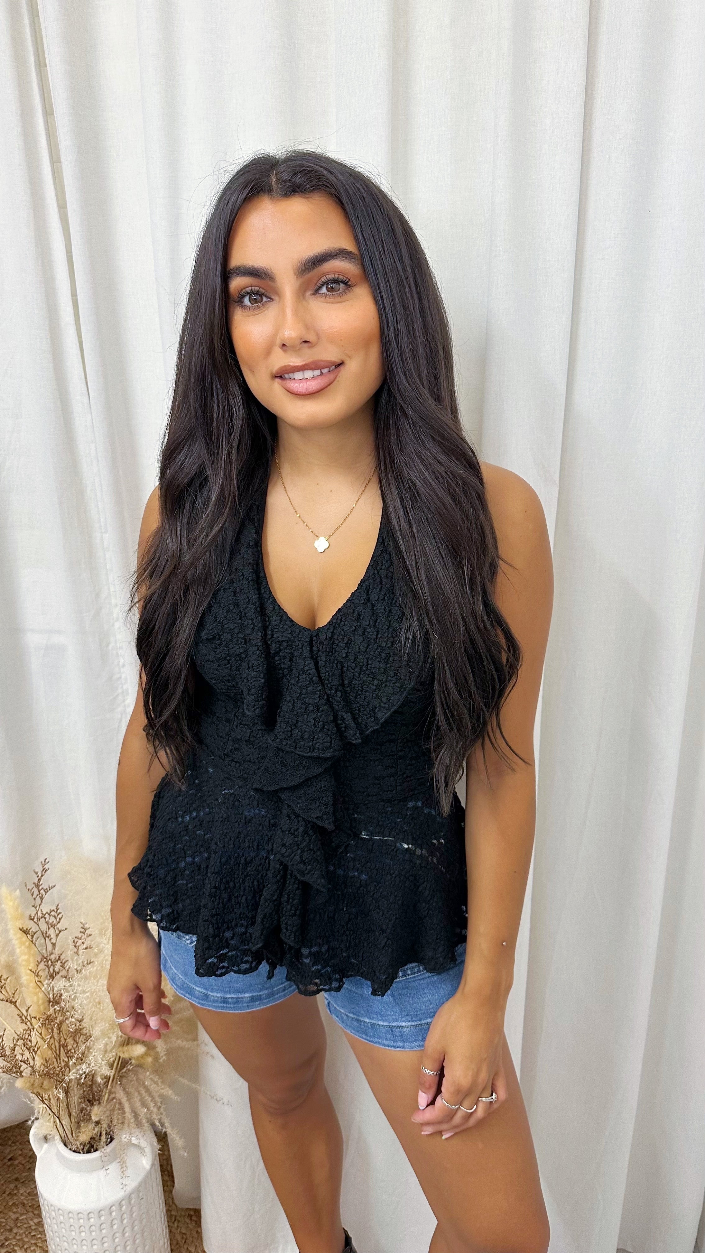 Ruffle Front Halter Neck Lace Top - BLACK