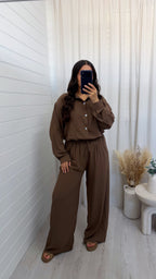 Oversized Pinstripe Shirt and Trousers Co-Ord - BROWN