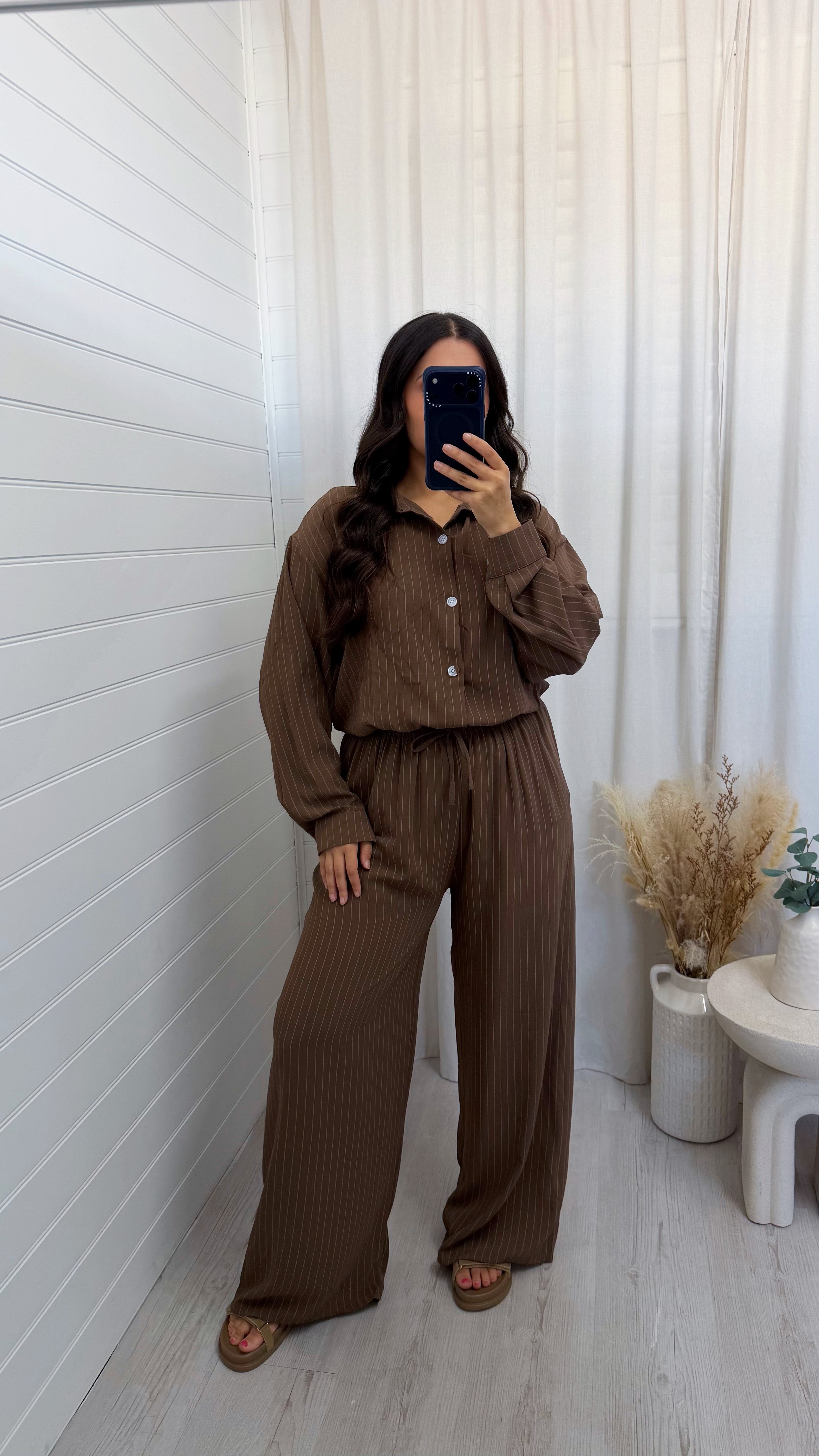 Oversized Pinstripe Shirt and Trousers Co-Ord - BROWN