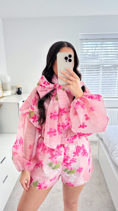 Floral Bow Blouse and Shorts Co-Ord - PINK