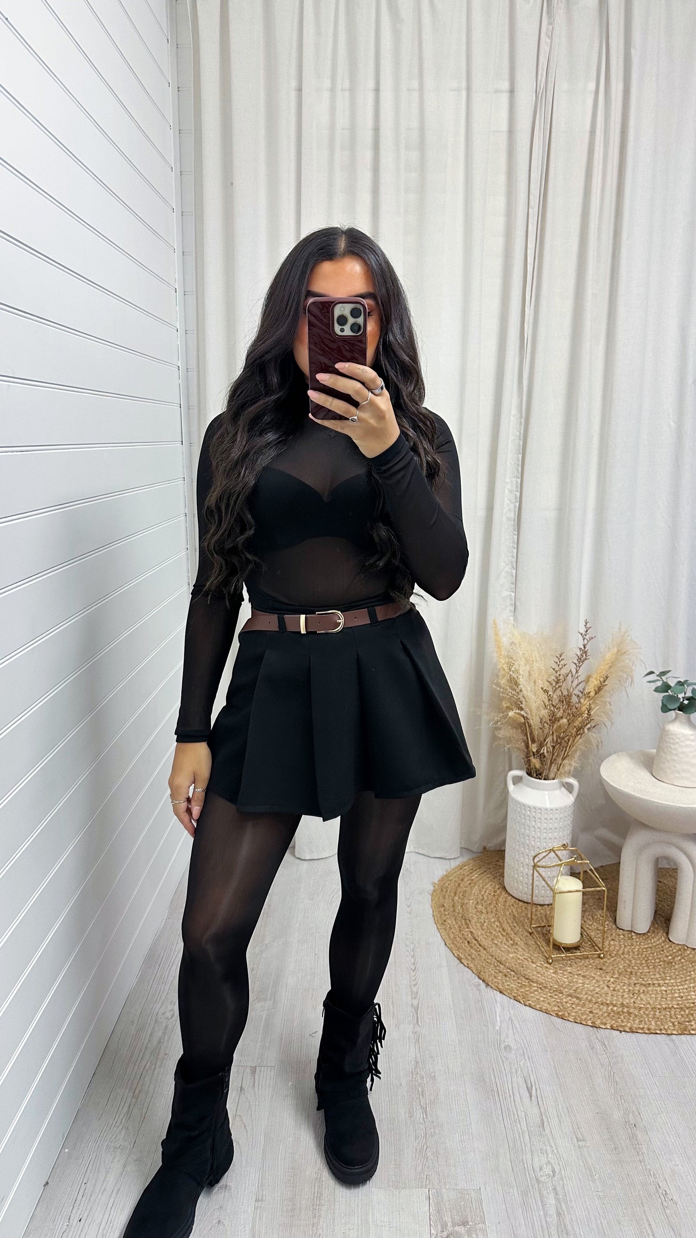 Pleated Tennis Skort with Belt - BLACK