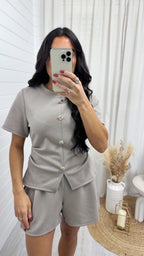 Cinched Gold Button Top and Shorts Co-Ord - MOCHA