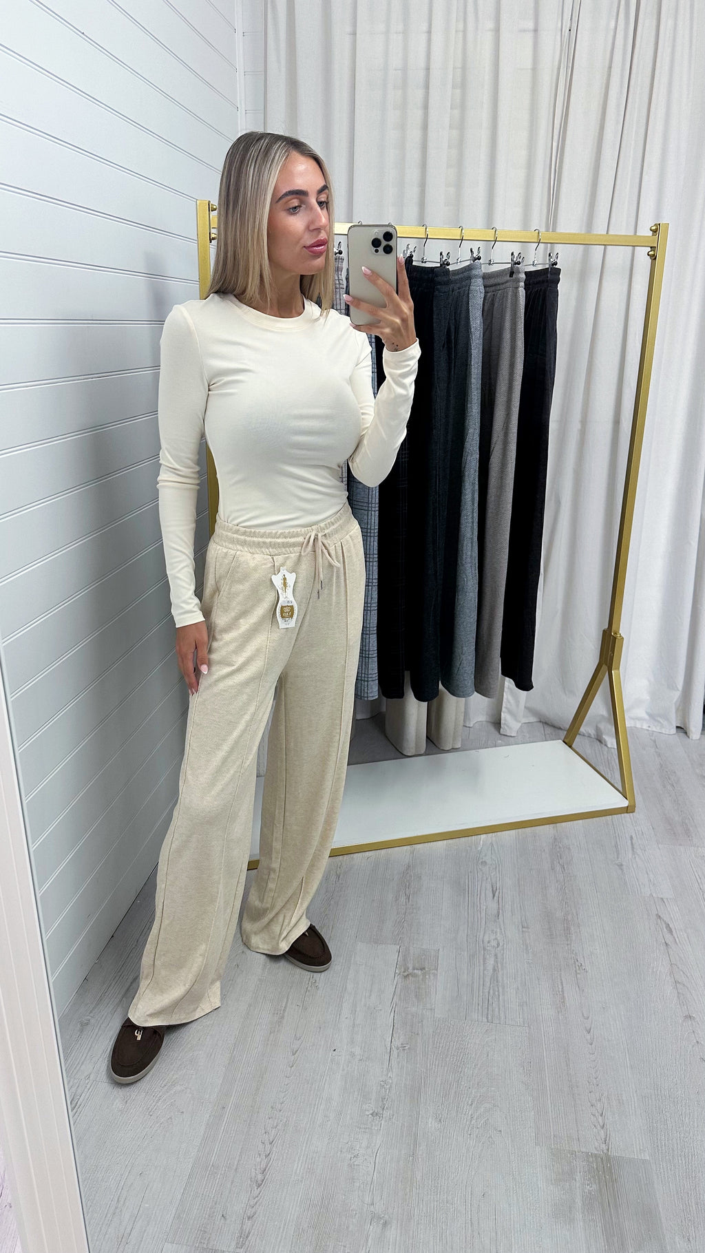 Textured Wide Leg Trousers - BEIGE