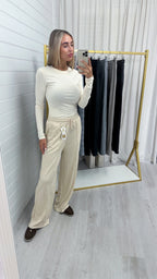 Textured Wide Leg Trousers - BEIGE