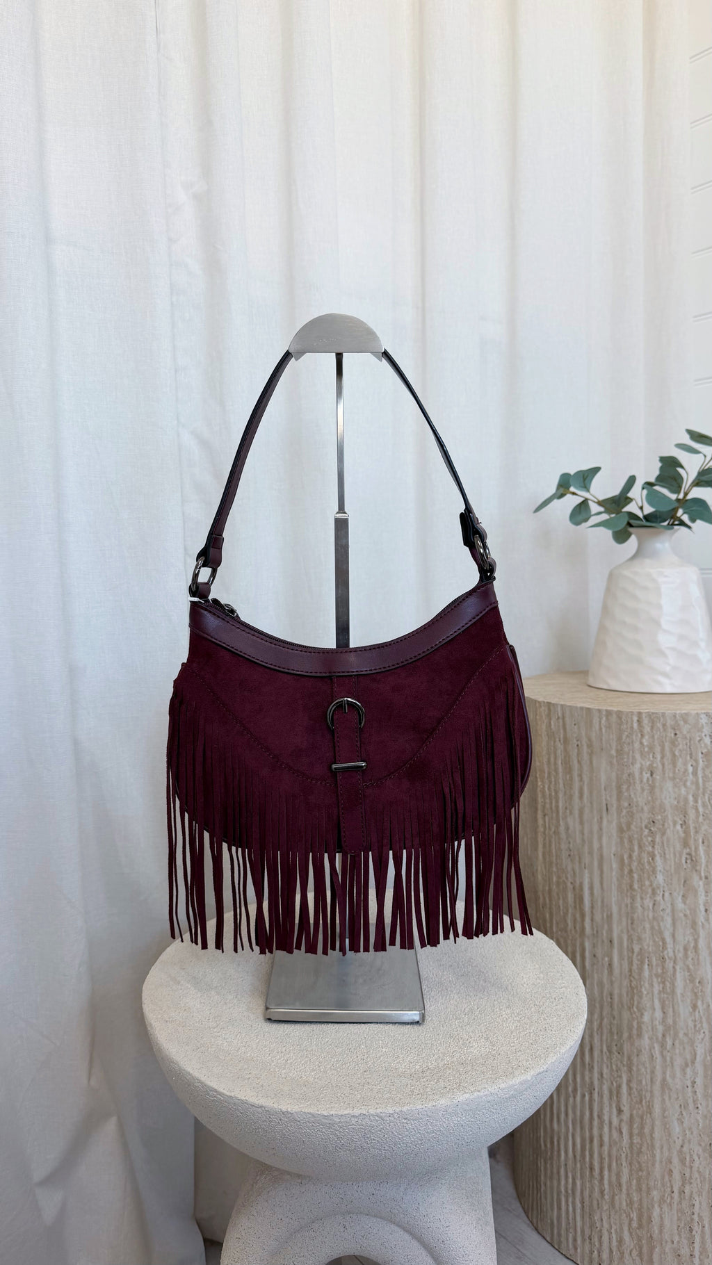 Suede Fringe Shoulder Bag - BURGUNDY