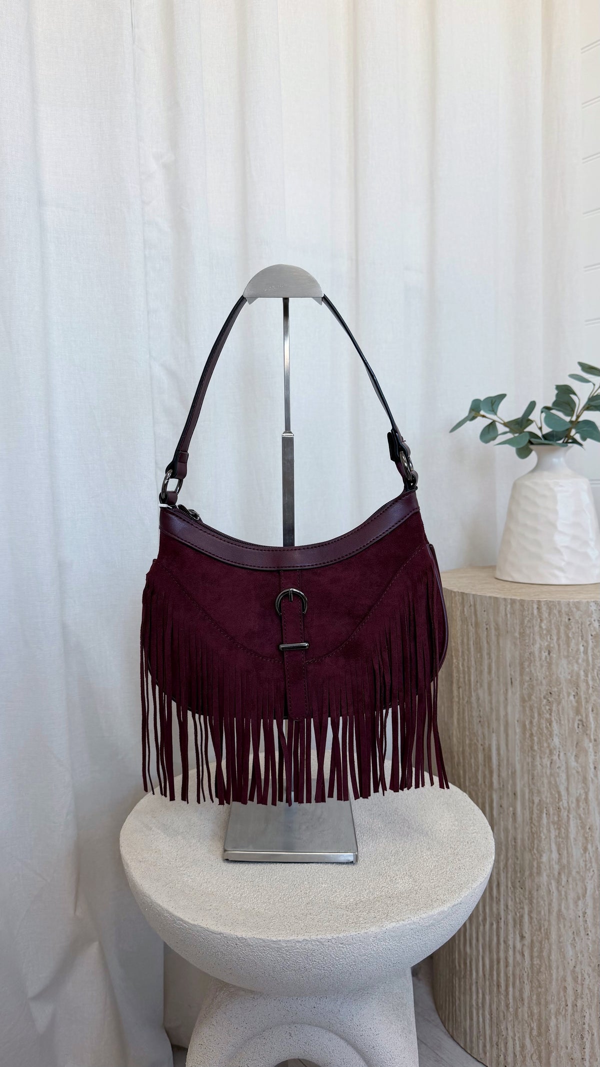 Suede Fringe Shoulder Bag - BURGUNDY