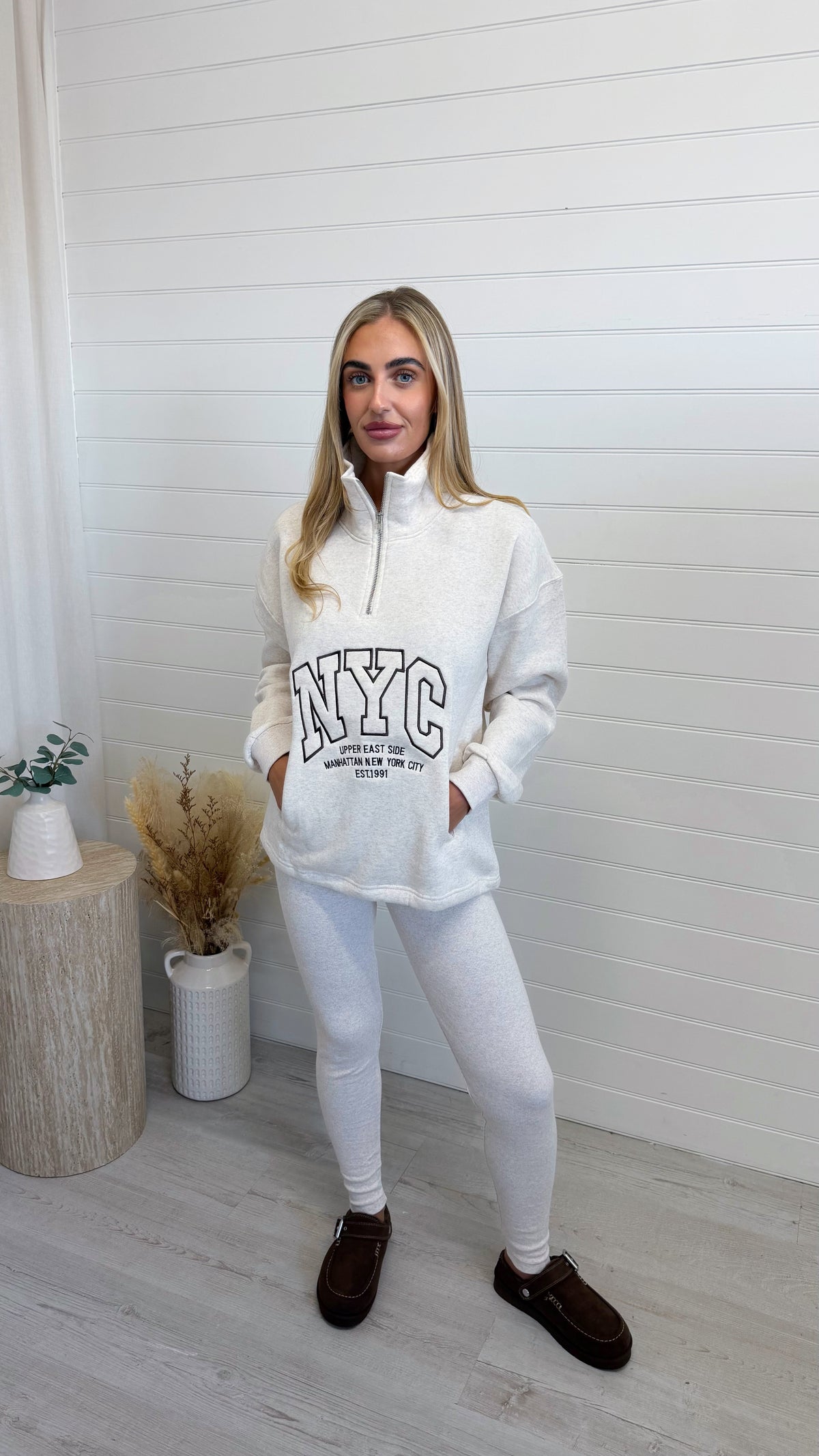 NYC Sweatshirt and Ribbed Leggings Co-Ord - OATMEAL