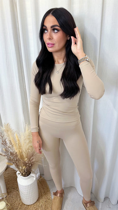 Long Sleeve Top and Leggings Activewear Set - BEIGE