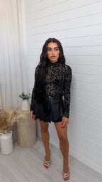Leopard Print Mesh Body Suit - BLACK