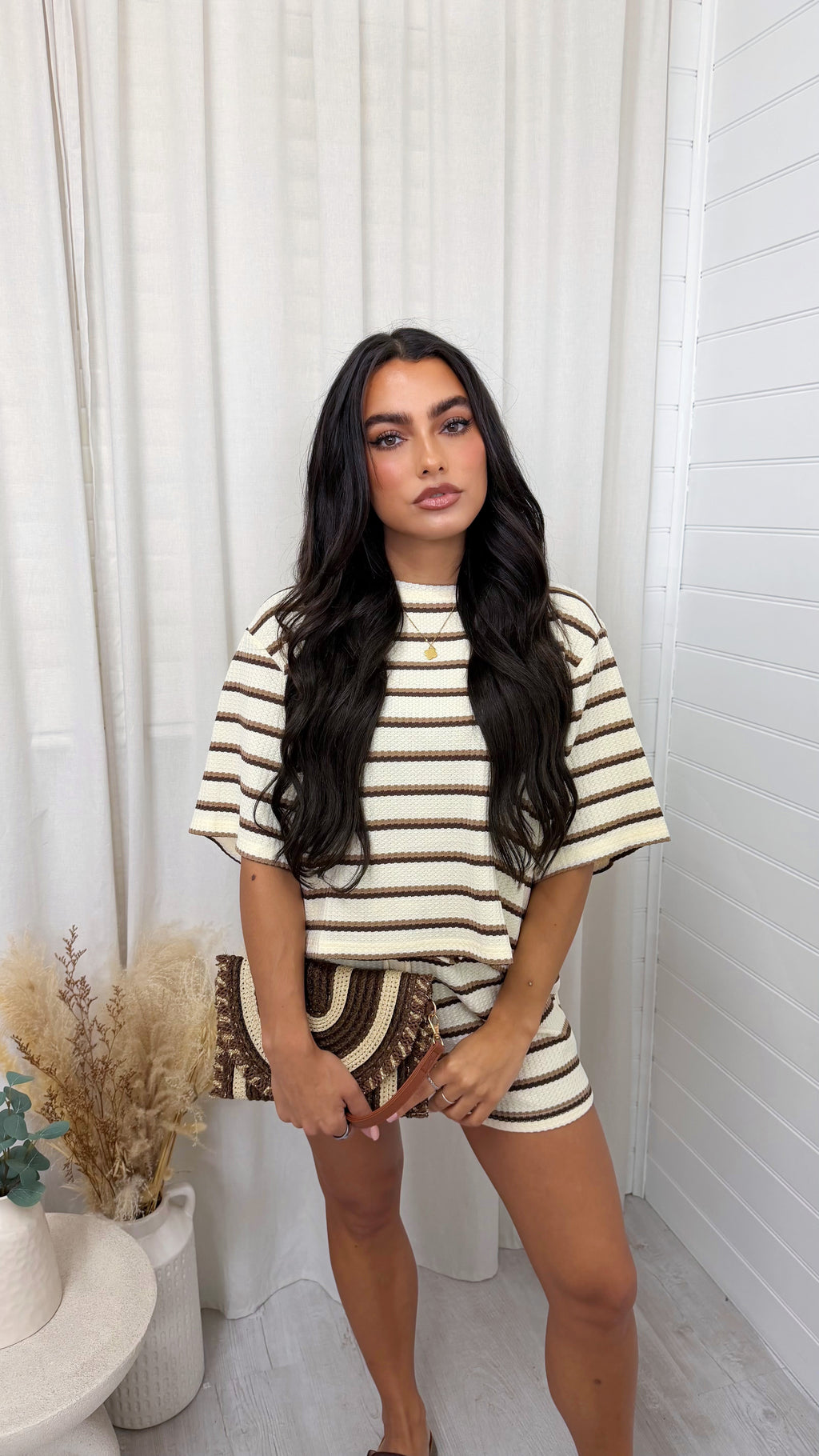 Waffle Stripe Crop Top and Shorts Co-Ord - CREAM