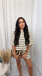 Waffle Stripe Crop Top and Shorts Co-Ord - CREAM