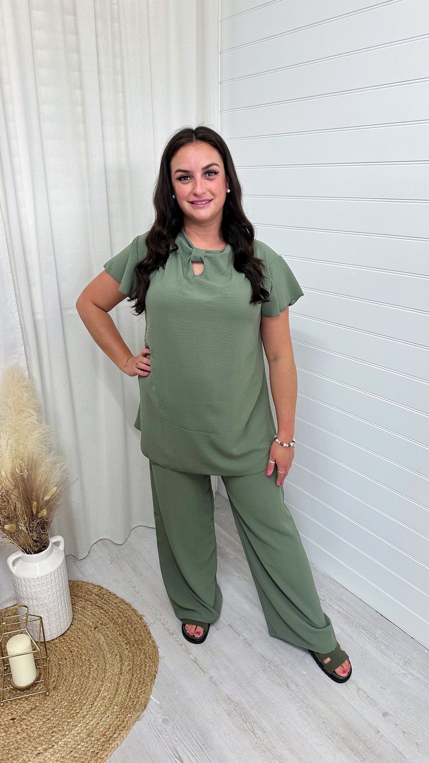 PLUS Short Sleeve Bow Top and Trouser Co-Ord - KHAKI