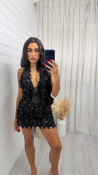 Cowl Neck Sequin Top and Skirt Set - BLACK