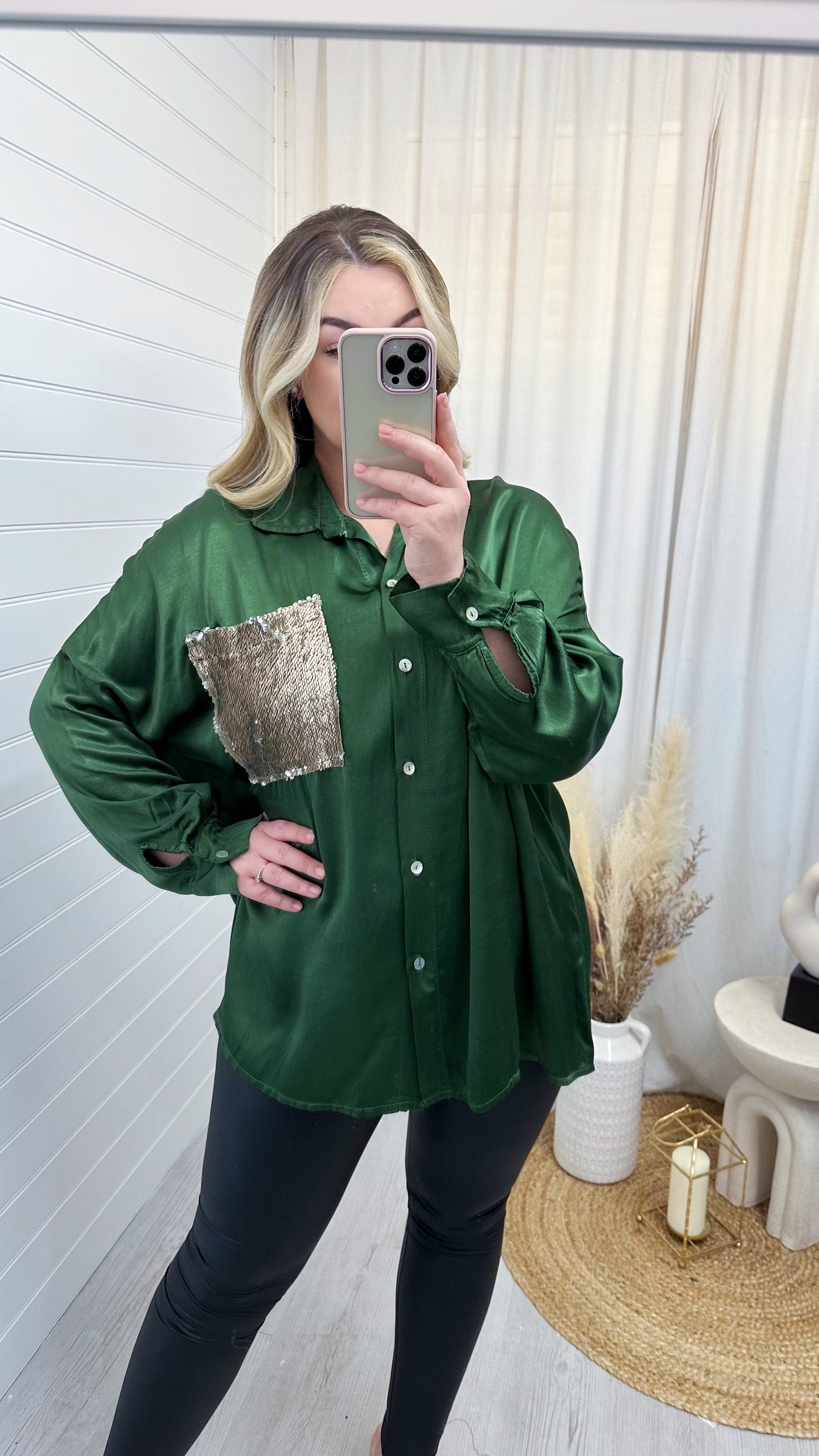 Satin Sequin Pocket Shirt -  GREEN