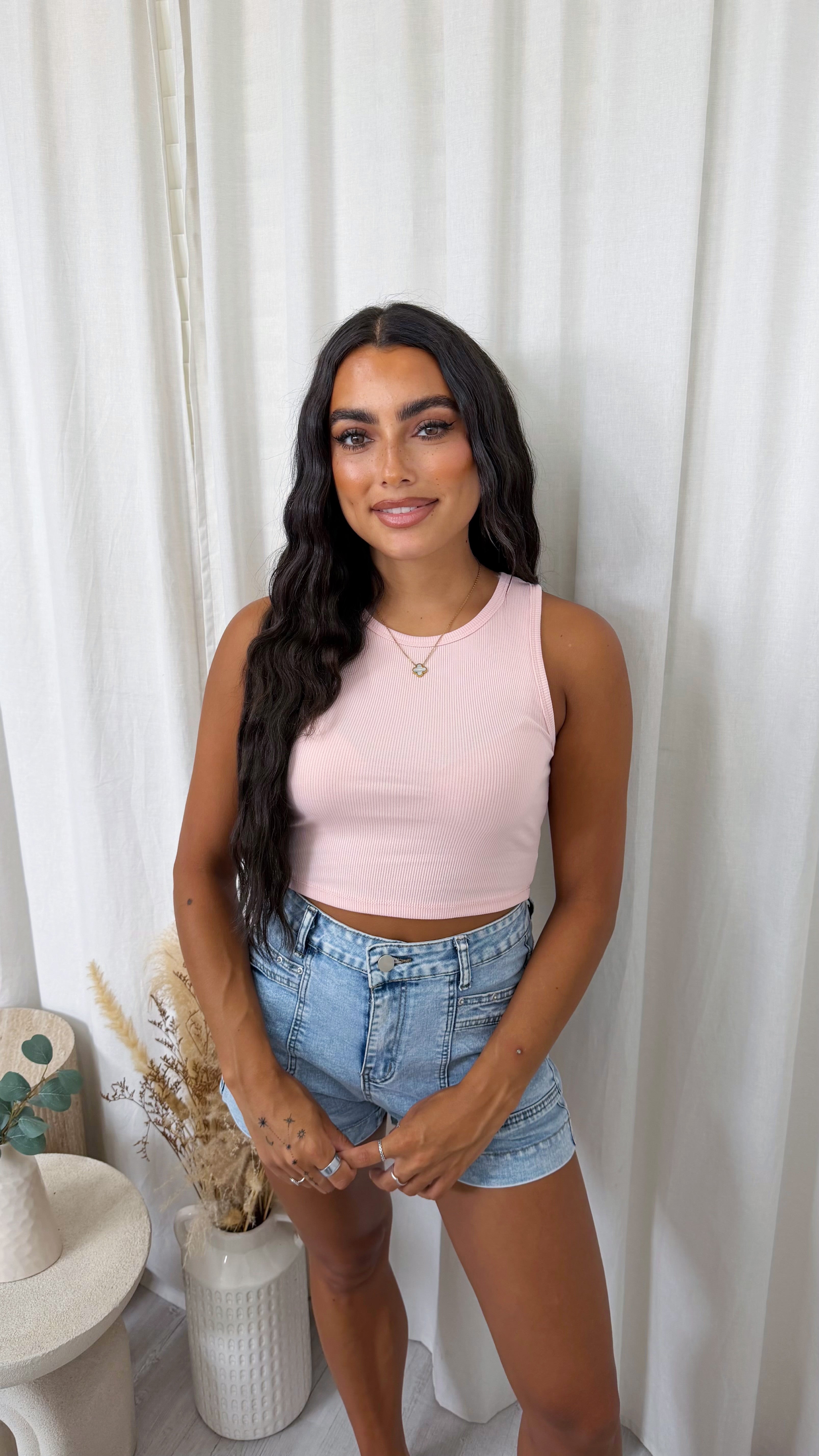 Ribbed Crop Vest Top - BABY PINK