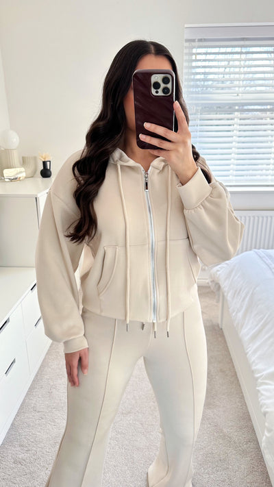 Crop Jacket and Flare Joggers Tracksuit - CREAM