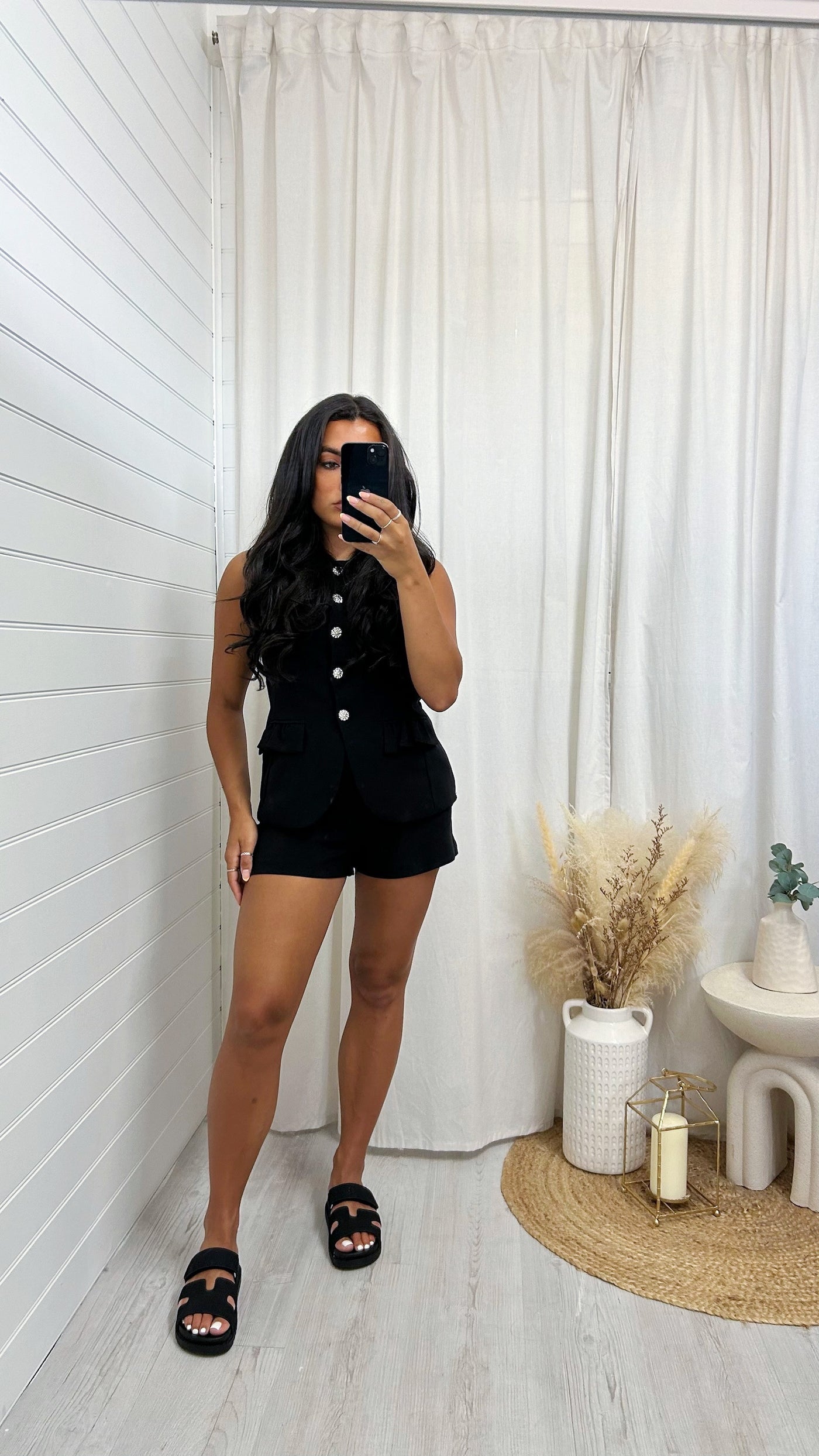Tailored Diamante Button Waistcoat and Shorts Co-Ord - BLACK