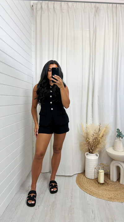 Tailored Diamante Button Waistcoat and Shorts Co-Ord - BLACK