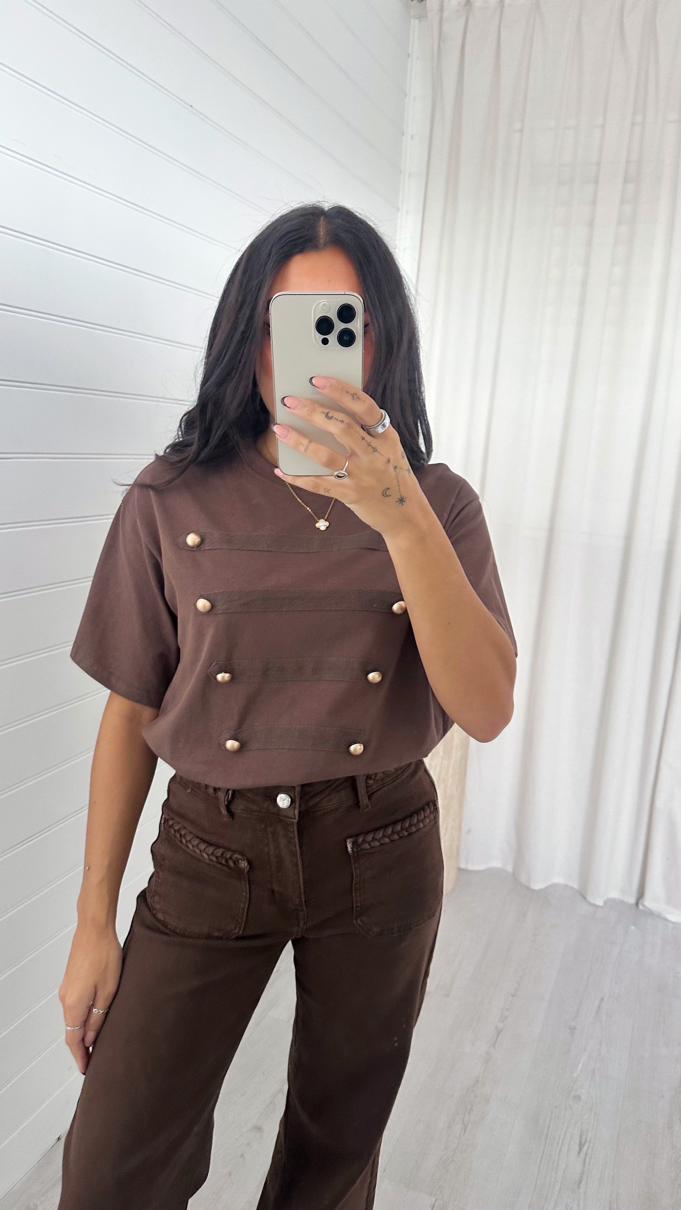 Button Front T-Shirt - BROWN
