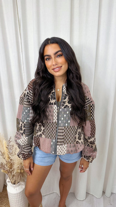 Oversized Tapestry Bomber Jacket - BROWN