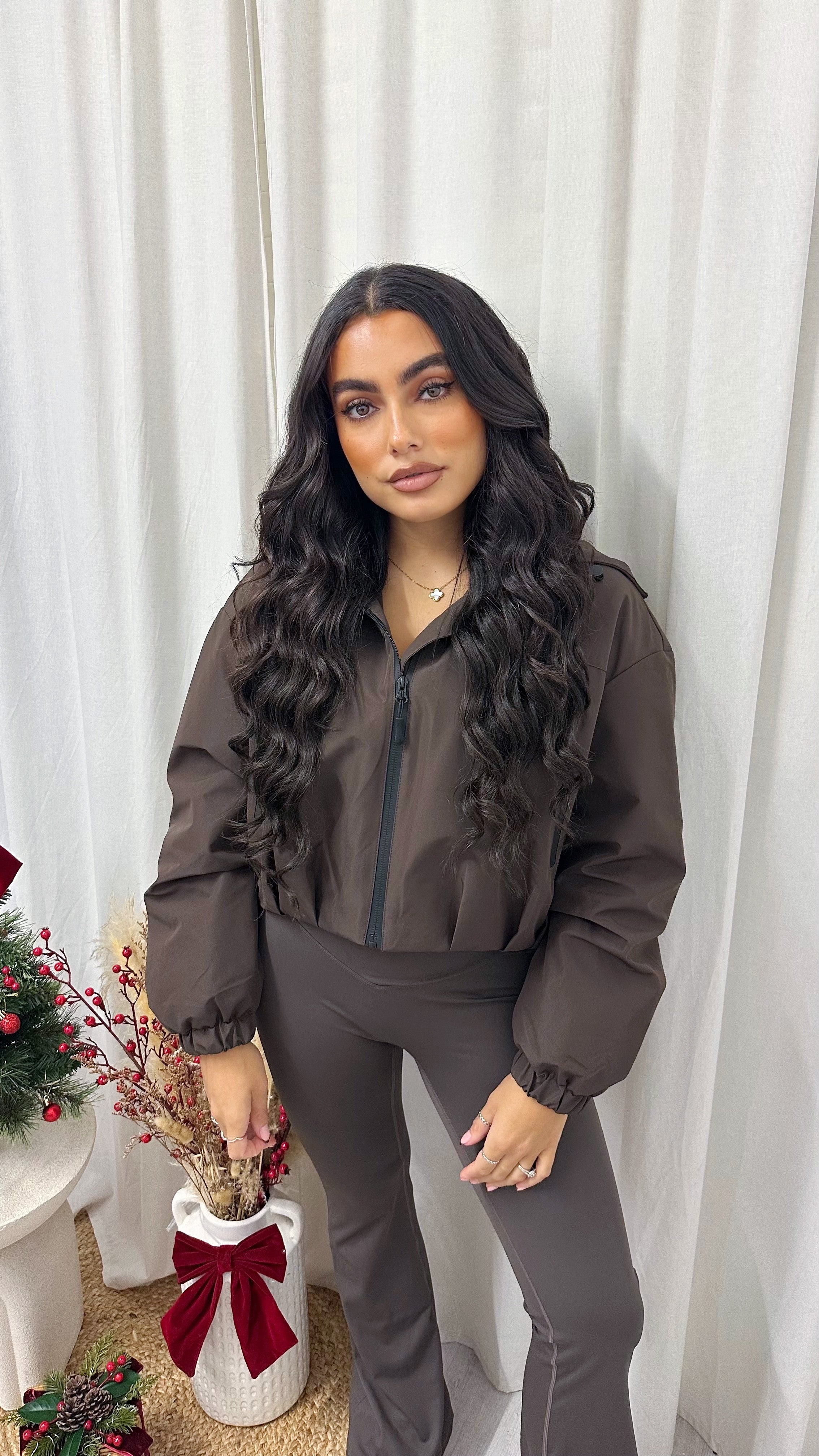 Cropped Athletic Bomber Jacket - BROWN