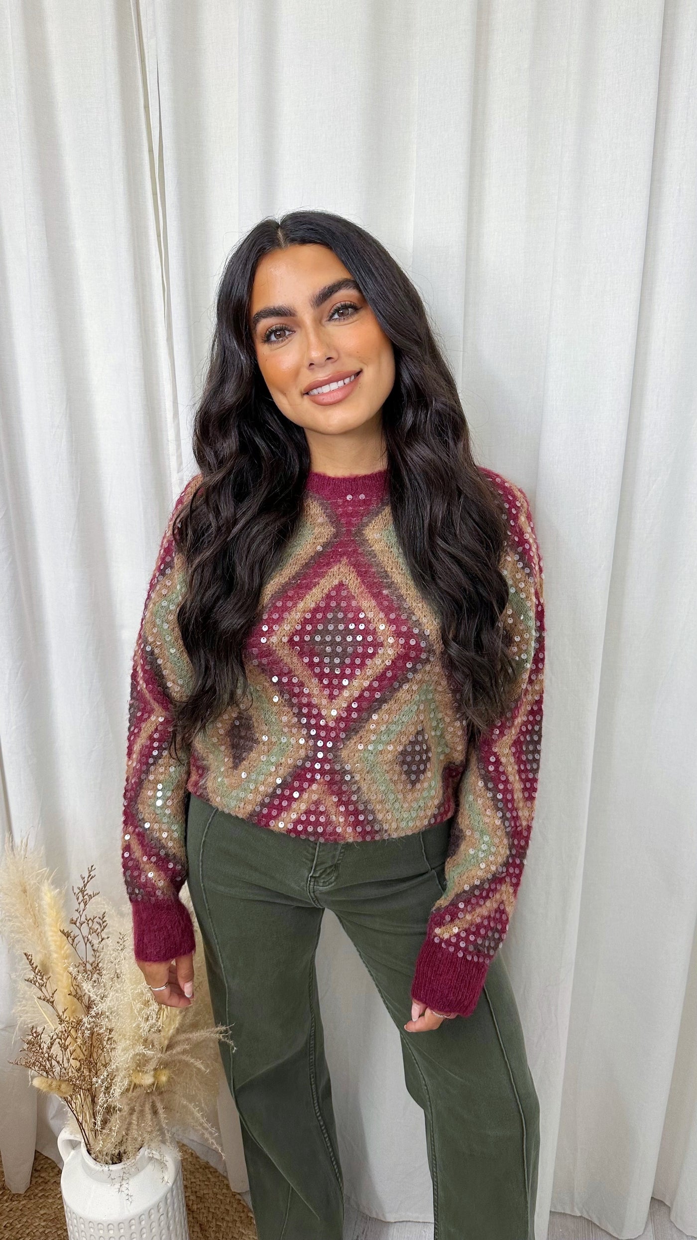 Sequin Diamond Print Woollen Jumper - WINE