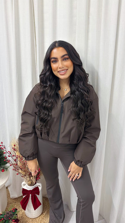 Cropped Athletic Bomber Jacket - BROWN