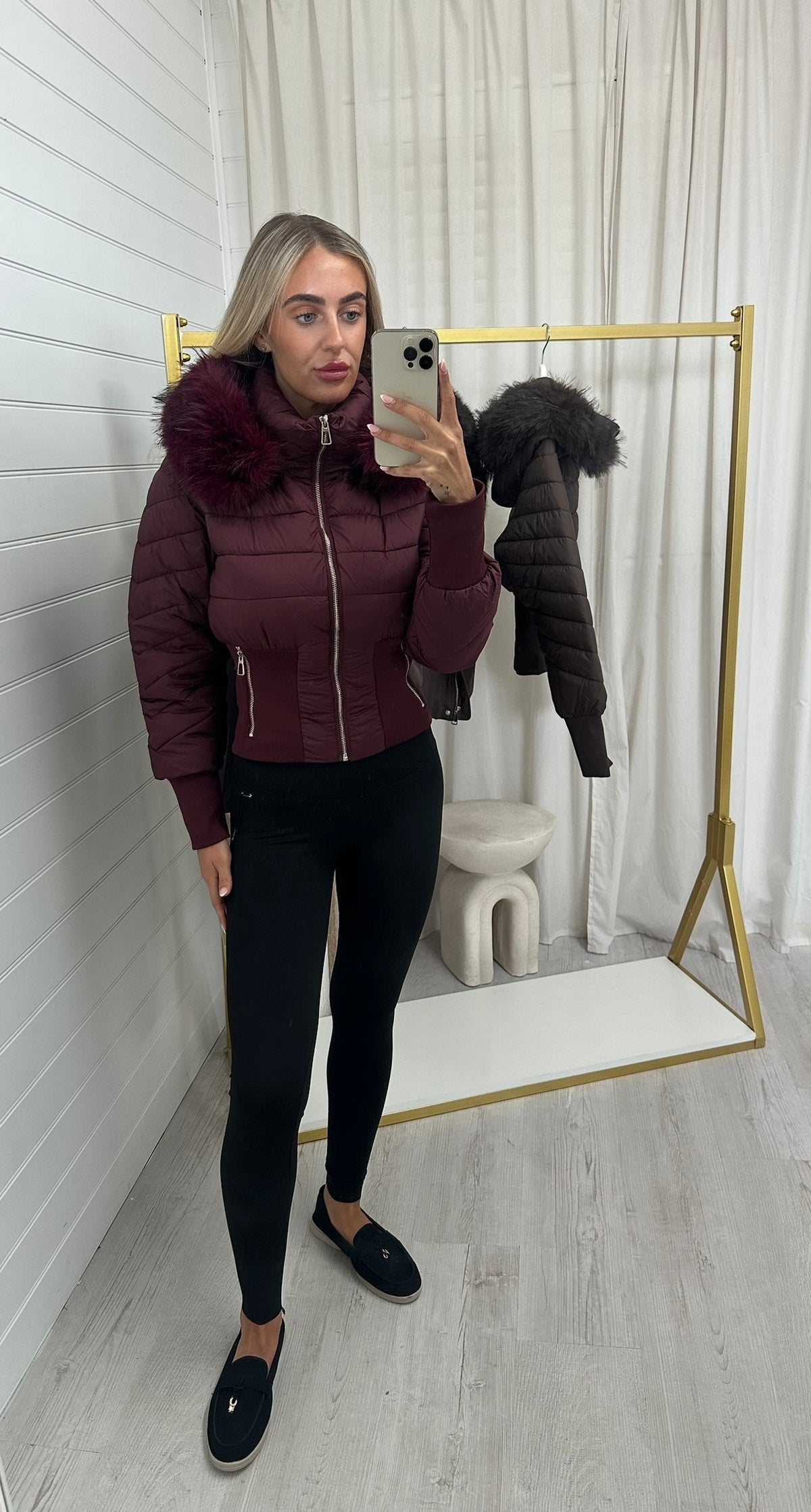 Fur Hooded Cinched Puffer Jacket - BURGUNDY