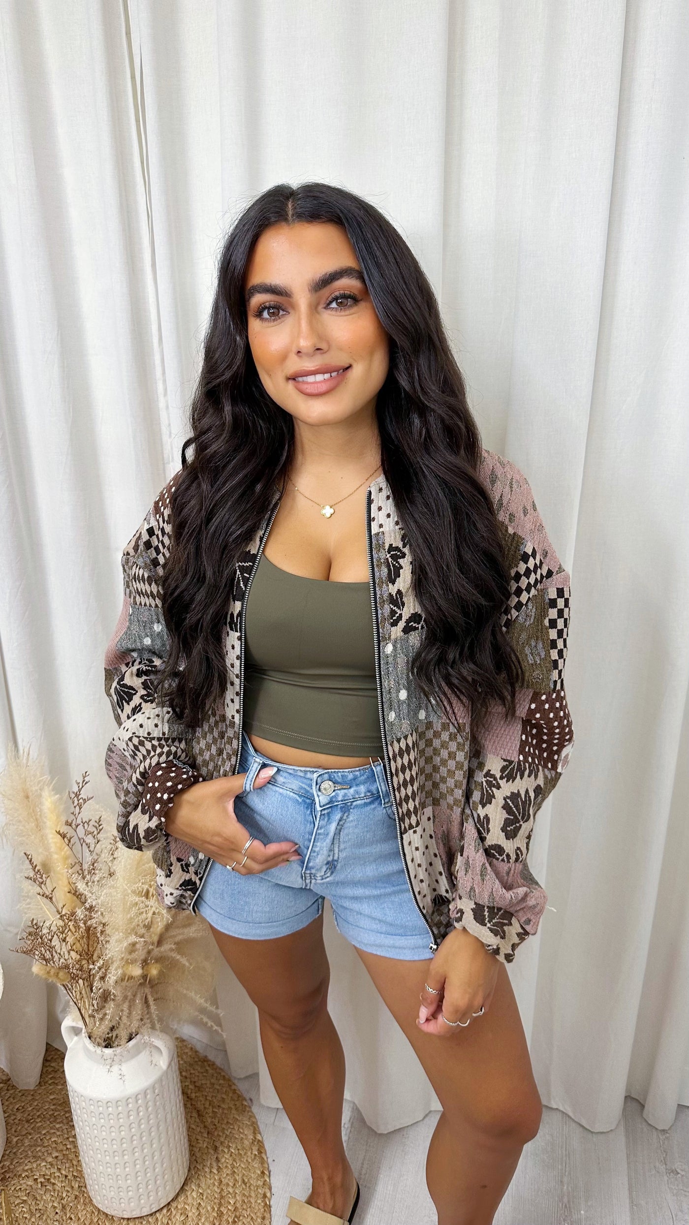 Oversized Tapestry Bomber Jacket - BROWN