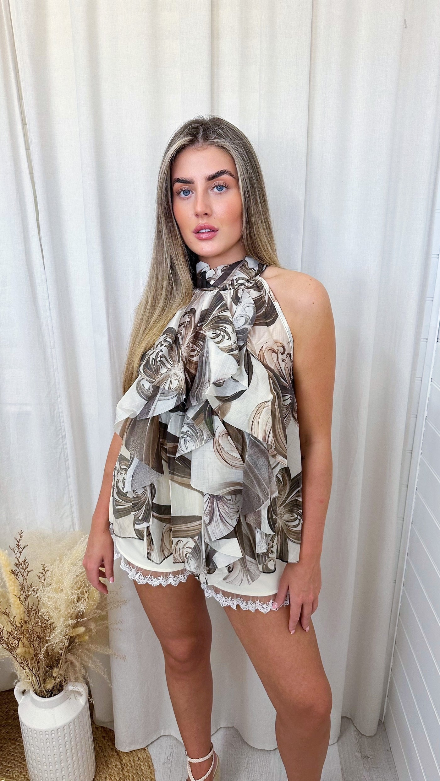 Halter Neck Ruffle Layered Top - BROWN