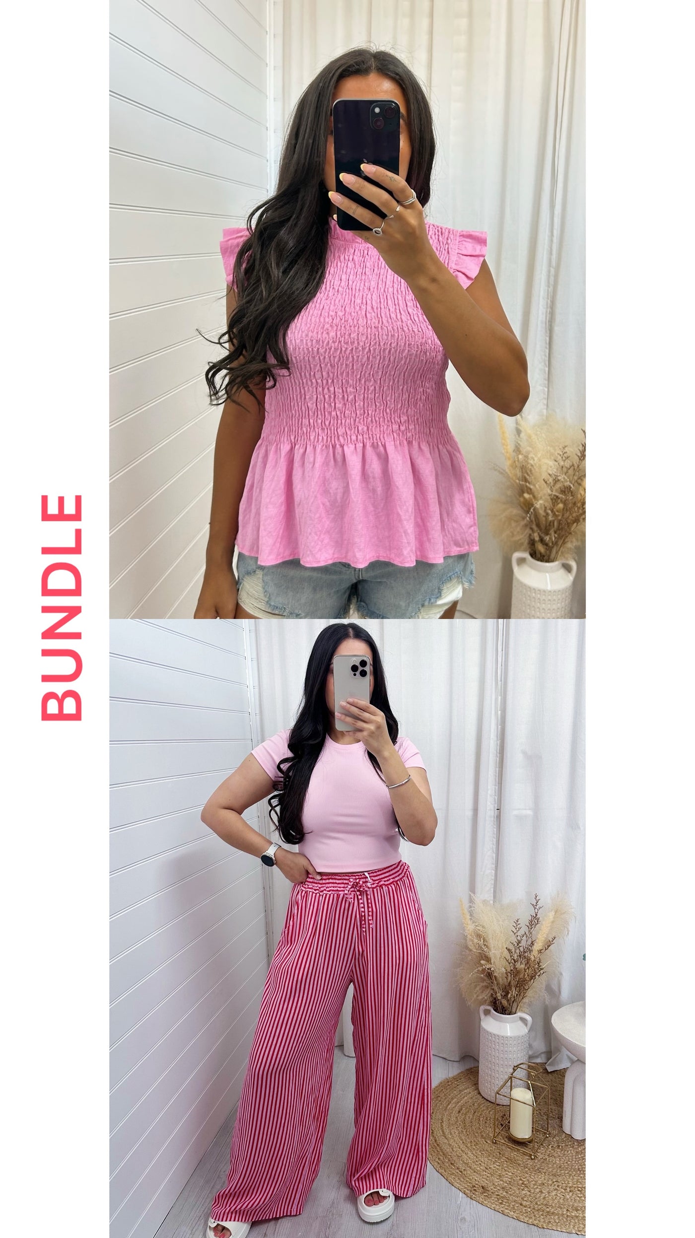 *BUNDLE* Peplum Shirred Top and Pinstripe Trousers - RED AND PINK