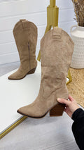 Calf Length Embroidered Cowboy Boots - DARK BEIGE
