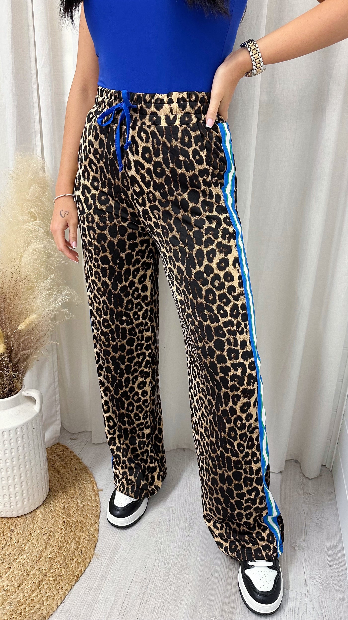 Side Stripe Leopard Print Straight Leg Trousers BLUE