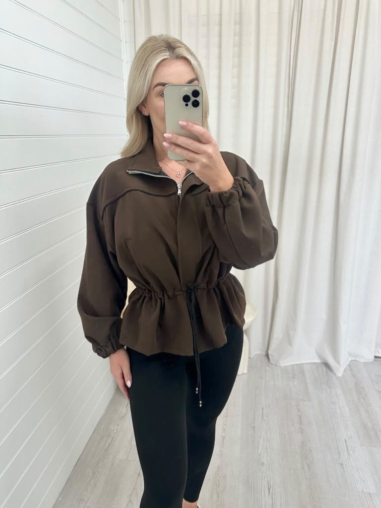 Cinched Waist Utility Jacket - BROWN