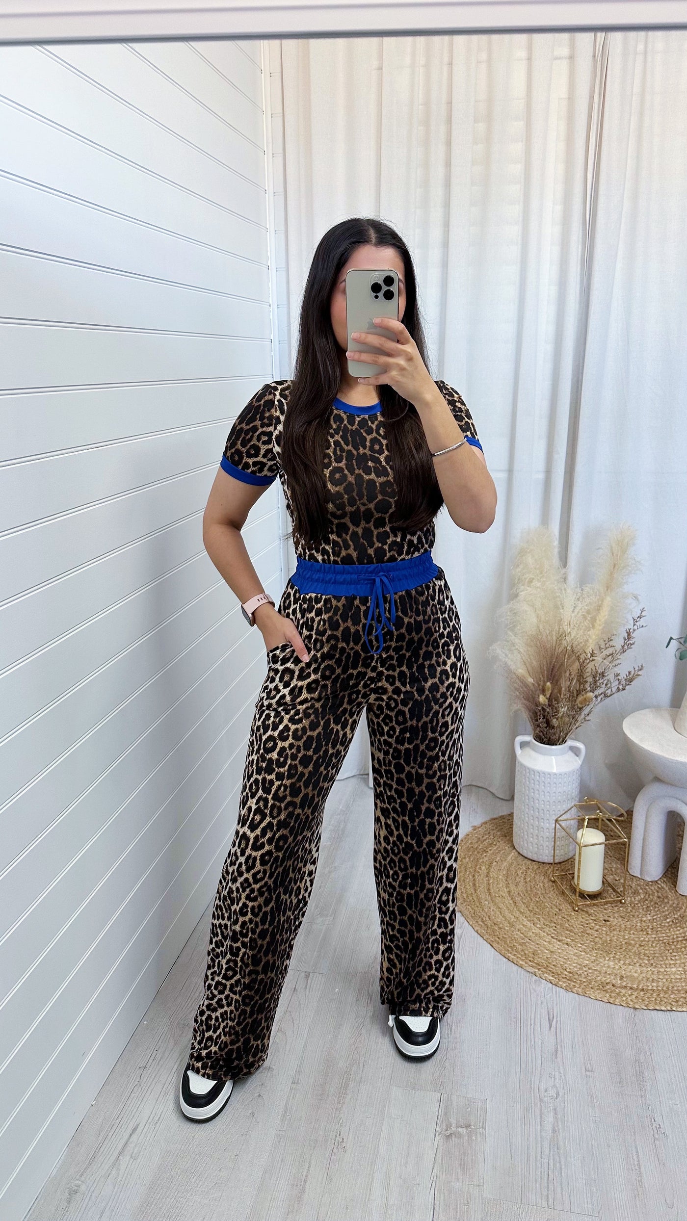 Blue Trim Leopard Crop Top and Trousers Co-Ord