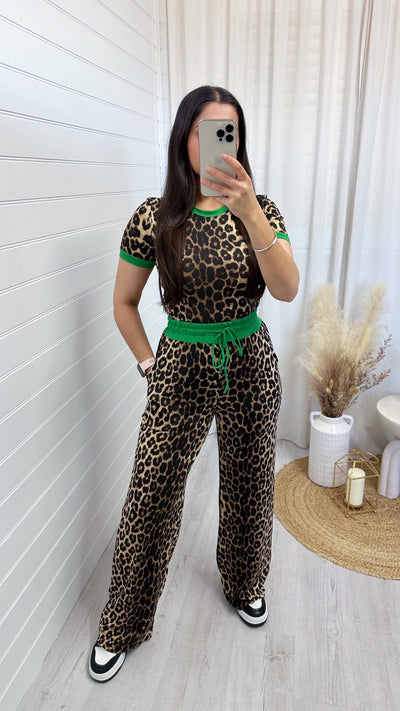 Green Trim Leopard Crop Top and Trousers Co-Ord