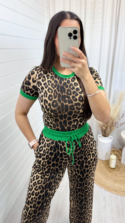 Green Trim Leopard Crop Top and Trousers Co-Ord