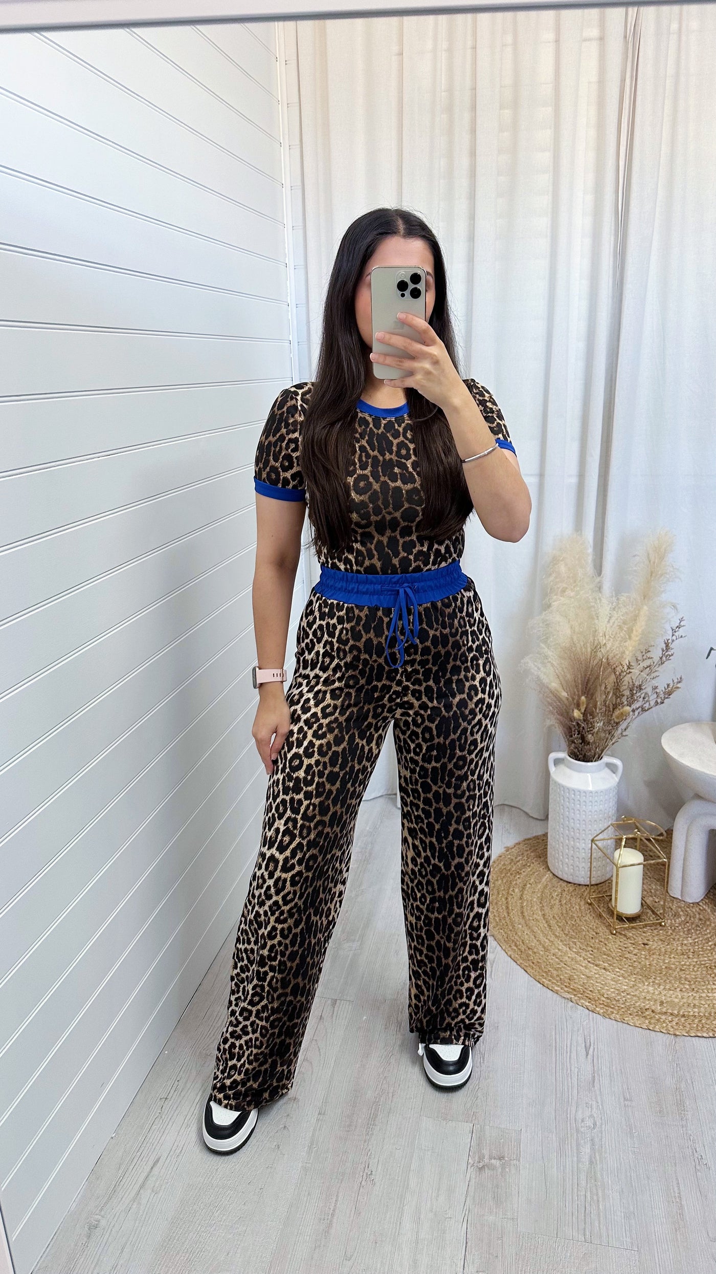 Blue Trim Leopard Crop Top and Trousers Co-Ord